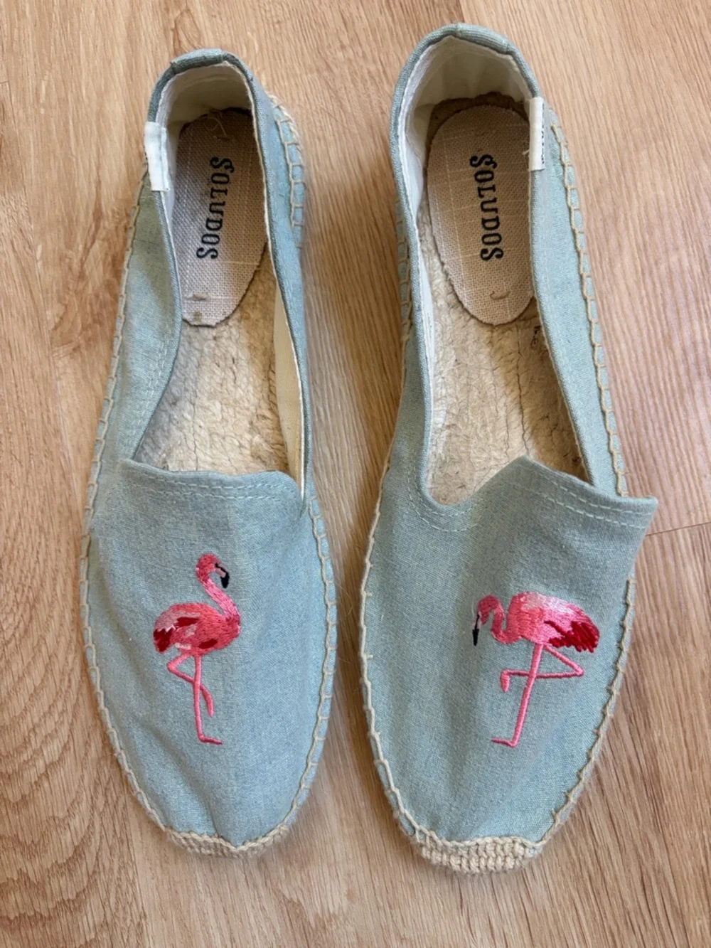 New Soludos Flamingo Embroidered Espadrilles blue pink embroidered shoes
